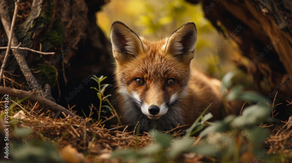 a close up of a fox laying on the ground next to a tree with its head turned to the side. a close up of a fox laying on the ground next to a tree with its head turned to the side.