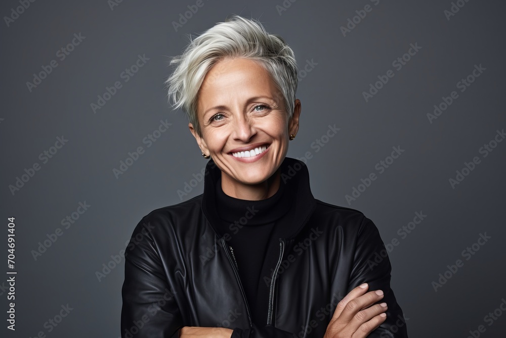 Mature woman in a black leather jacket. Portrait of a happy mature woman in a black leather jacket. Mature woman in a black leather jacket. Portrait of a happy mature woman in a black leather jacket.