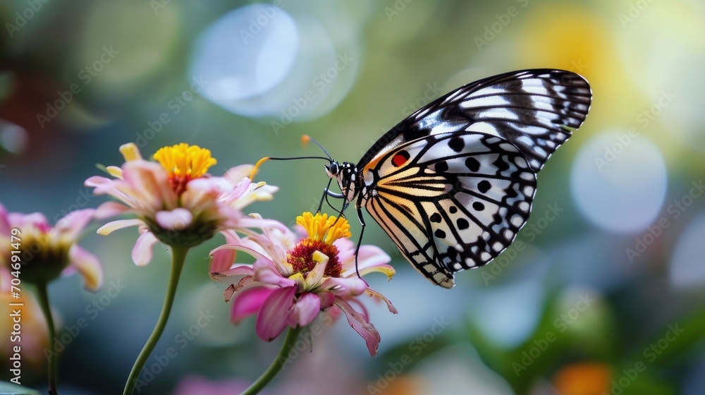 a butterfly sitting on top of a flower next to a bunch of pink and yellow flowers in front of a blurry background. a butterfly sitting on top of a flower next to a bunch of pink and yellow flowers in front of a blurry background.