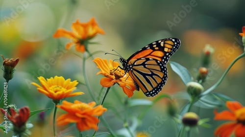 a close up of a butterfly on a flower with many other flowers in the background and a blurry background.