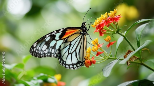  a close up of a butterfly on a plant with flowers in the foreground and a blurry background of leaves and flowers in the foreground. © Anna