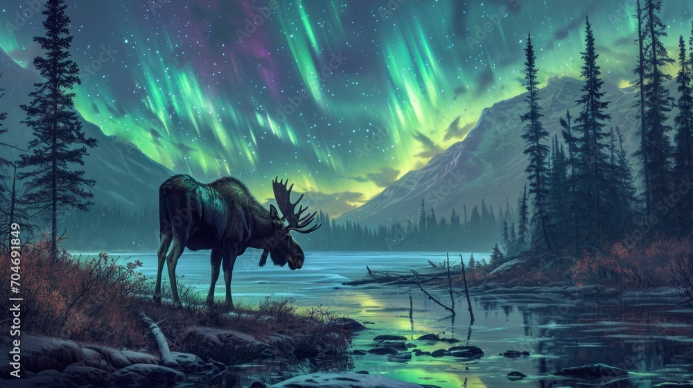  a moose standing next to a river under a sky filled with green and purple aurora bores in the background.