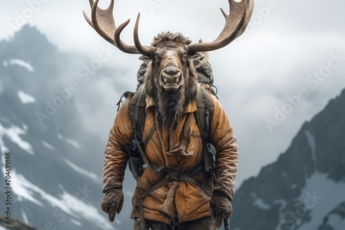 portrait of an elk dressed as a climber who conquers mount