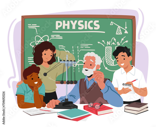 Aged Physics Teacher Character , Passionately Imparts Wisdom To Eager Kids In A Classroom Adorned With Equations
