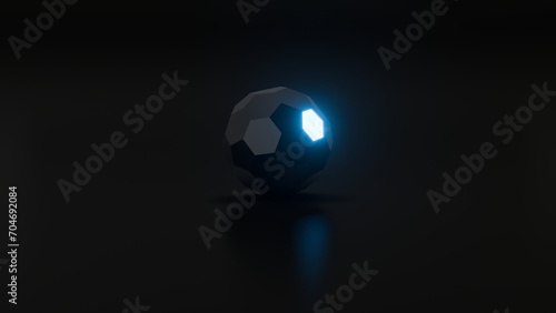 Black icosphere with one blue glowing face on isolated black empty background - 3D render photo
