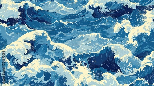  a blue and white wallpaper with a lot of waves in the ocean and stars on the top of the waves.