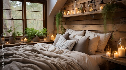 A cozy bedroom with a wooden wall and a large bed