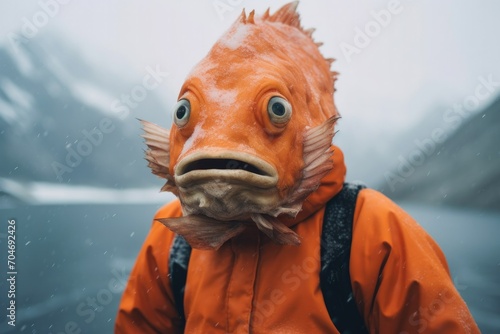 portrait of a fish dressed as a climber who conquers mount