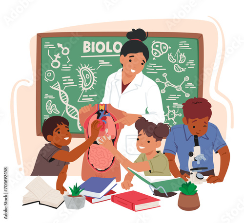 Passionate Biology Teacher Engages Curious Kids In Classroom, Fostering A Love For Science, Vector Illustration