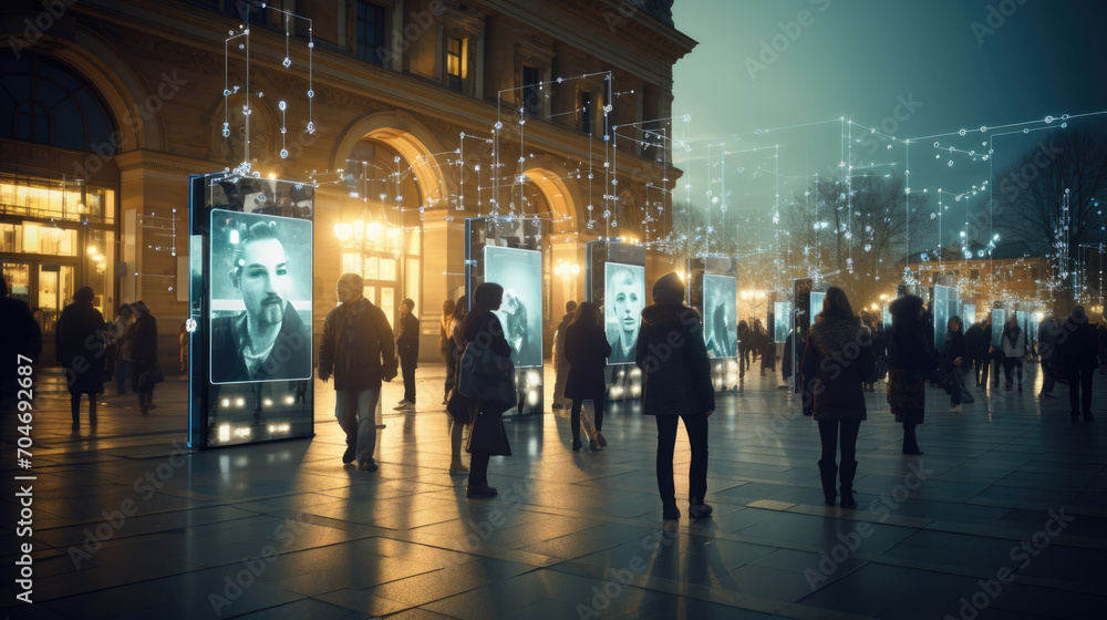 Urban crowd with facial recognition lines outdoor, blending technology and realityUrban crowd with facial recognition lines outdoor, blending technology and reality