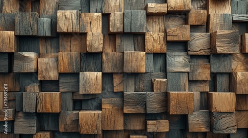 : An architectural feature wall, where stacked wooden blocks of various ages merge to form a captivating texture. 8k