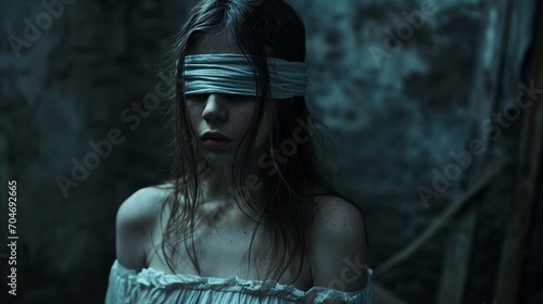 A girl with a blindfold is groping in the dark. Abstract symbolism