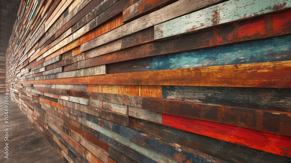 : An architectural marvel of a wall, composed of alternating layers of aged and colorful wood, creating a striking visual depth. 8k : An architectural marvel of a wall, composed of alternating layers of aged and colorful wood, creating a striking visual depth. 8k