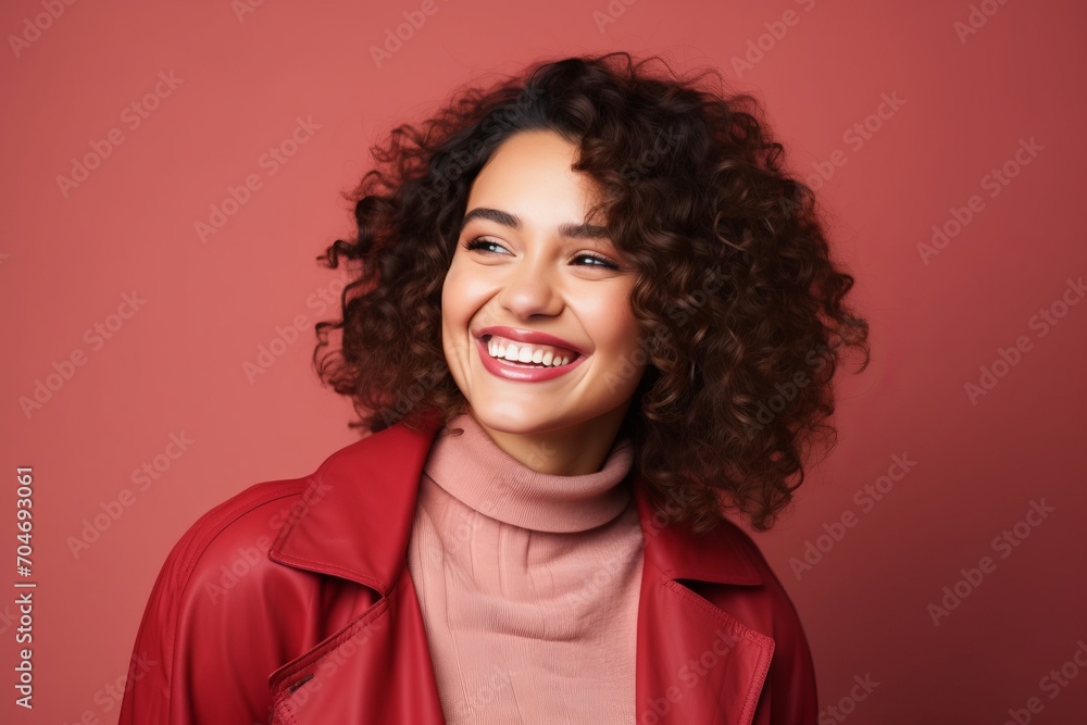 Portrait of happy smiling young woman in red coat, over red background Portrait of happy smiling young woman in red coat, over red background