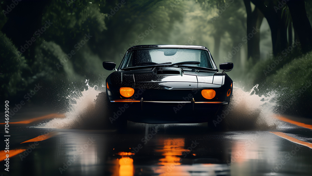classic car on a rainy day