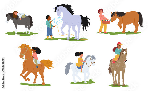 Children Gently Grooming And Caring For Horses, Feeding, Washing, Riding Horseback, Laughter Echoing In The Stable