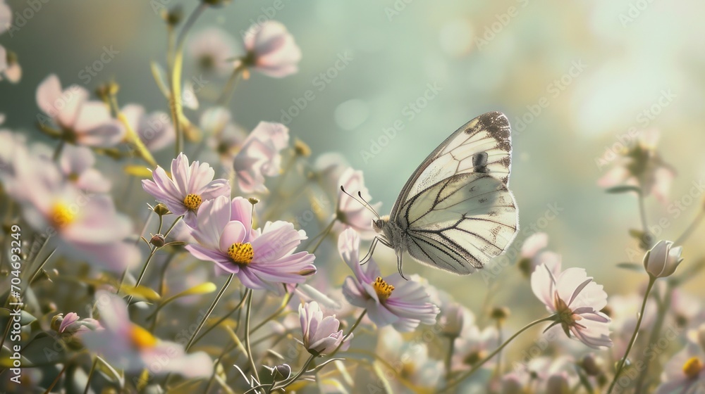 a white butterfly sitting on top of a pink flower next to a bunch of pink flowers on a sunny day. a white butterfly sitting on top of a pink flower next to a bunch of pink flowers on a sunny day.