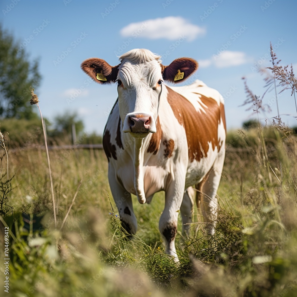 Holstein cow standing in a lush green field looking at the camera
