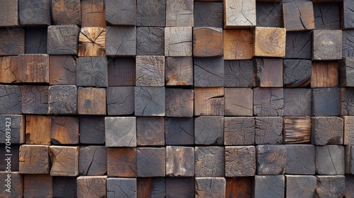 : An artful display of wooden blocks on a wall, each aged to perfection, creating a mosaic of natural textures and tones. 8k