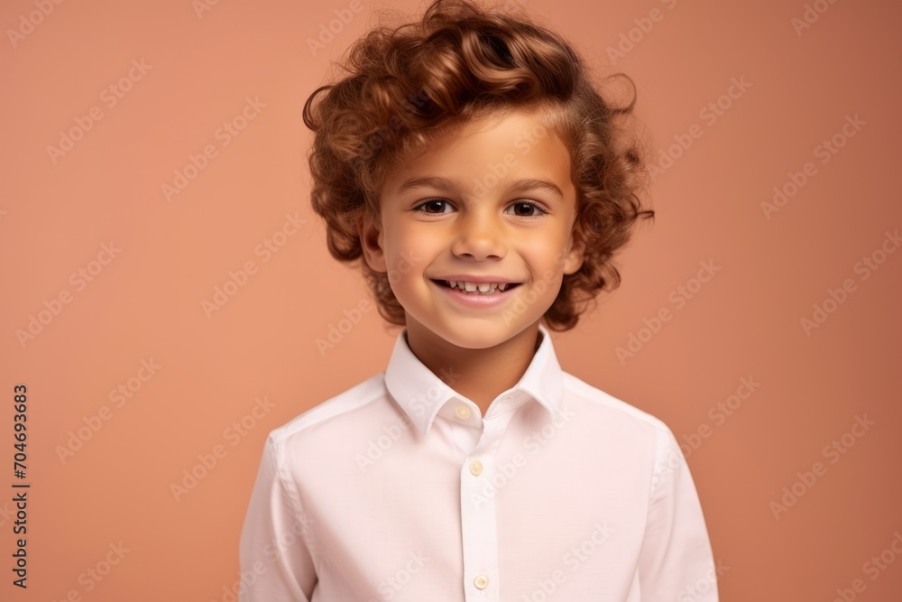 Portrait of a cute curly little boy in a white shirt on a pink background Portrait of a cute curly little boy in a white shirt on a pink background