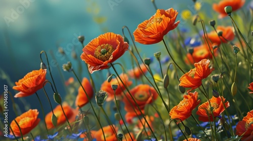  a field of orange flowers with blue and yellow flowers in the foreground and a blue sky in the background.