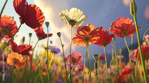  a field full of red  white and yellow flowers under a blue sky with a bee flying in the middle of it.