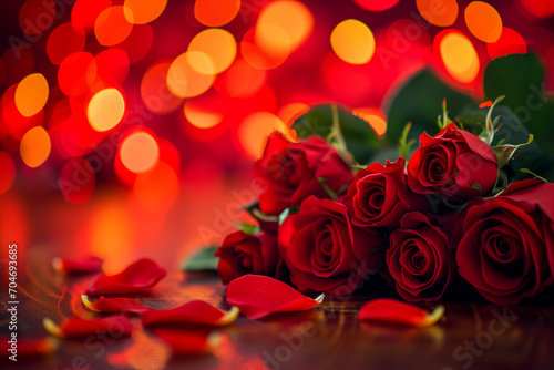 Valentine s Day - Bunch of red roses with red and gold sparkling Bokeh background
