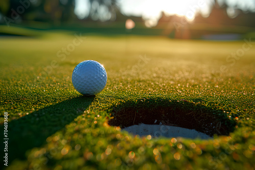 A golf ball near the golf hole. Golf game concept.