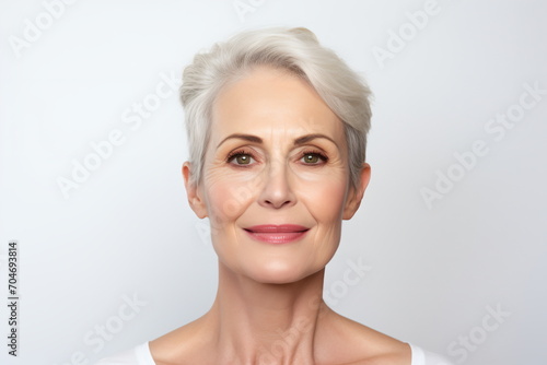 Portrait of a beautiful middle-aged woman with short gray hair and green eyes