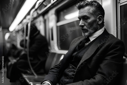 A man in a timeless suit is seated in a subway car.  © Uliana