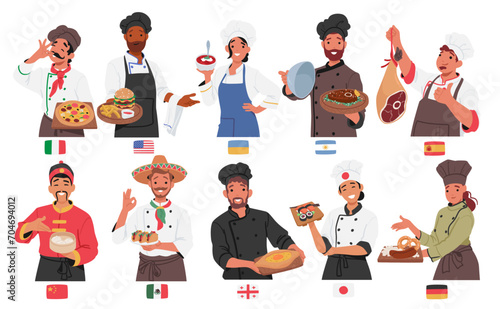 Male and Female Chefs Characters From Various Countries Representing A Unique Culinary Heritage, Cartoon Vector Set