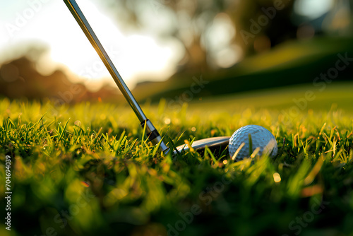 The club prepares to hit the golf ball. Close-up photo. Golf game concept with space for text