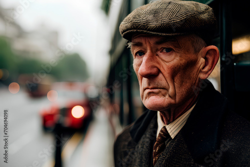 a very atmospheric portrait of a typical British older man in a classic suit and cap. London Bridge in cloudy weather.