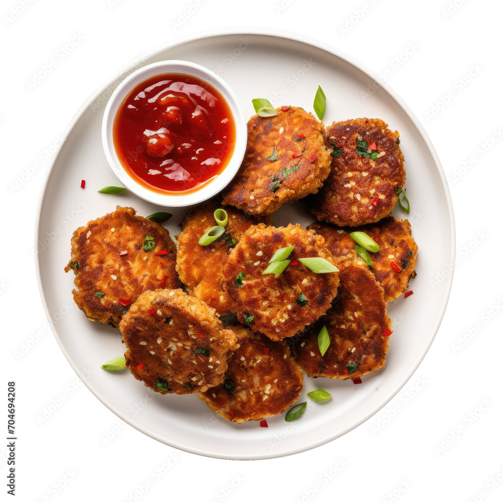 Delicious Plate of Tempeh Cakes with Sweet Chili Sauce Isolated on a Transparent Background Delicious Plate of Tempeh Cakes with Sweet Chili Sauce Isolated on a Transparent Background