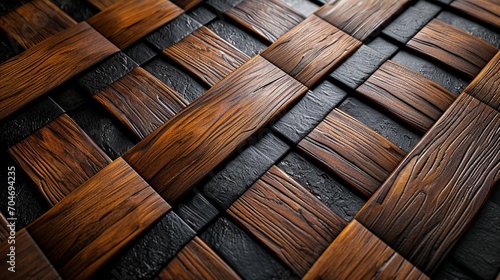: An intricately woven pattern of dark and light brown wooden strips, creating a luxurious parquet design. 8k