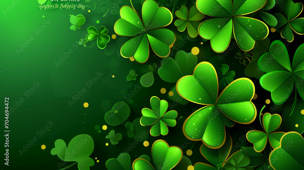 Green background with detailed clovers adorned with golden lines Green background with detailed clovers adorned with golden lines