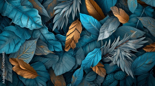 Artistic 3D wallpaper, blue and turquoise leaves, gray feathers, golden accents, and oak, nut wood wicker texture, Illustration, vivid color and texture,