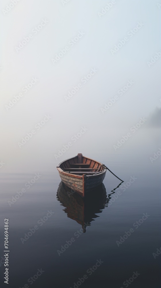 Wooden boat on a misty lake