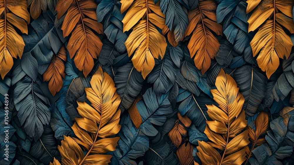Artistic 3D wallpaper, vibrant feathers and leaves, golden touches, with oak and nut wood wicker panels, Illustration, texture-focused, Artistic 3D wallpaper, vibrant feathers and leaves, golden touches, with oak and nut wood wicker panels, Illustration, texture-focused,