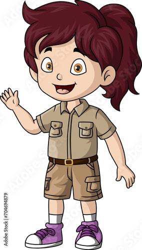 Cute little girl explorer cartoon waving hand