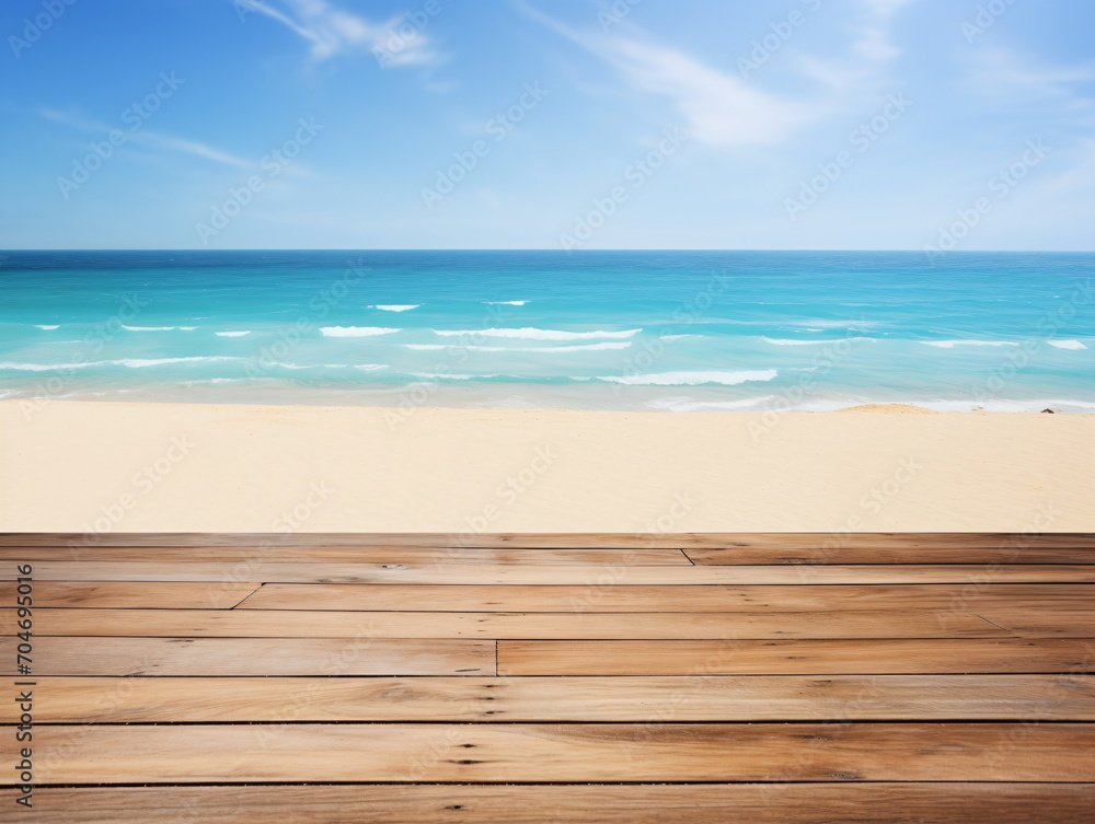Wooden floor with blurred beach and ocean in the background Wooden floor with blurred beach and ocean in the background