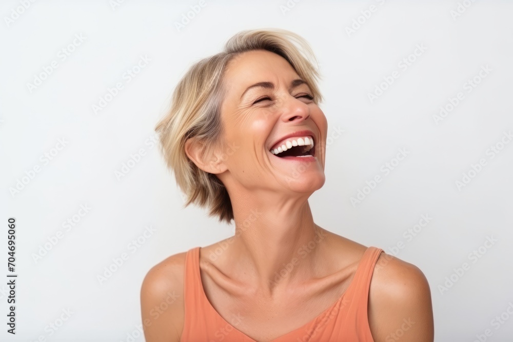 Closeup portrait of a happy mature woman laughing against white background. Closeup portrait of a happy mature woman laughing against white background.