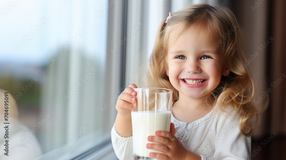 Lovely little girl happily sipping milk from a glass in a bright and stylishly modern kitchen Lovely little girl happily sipping milk from a glass in a bright and stylishly modern kitchen