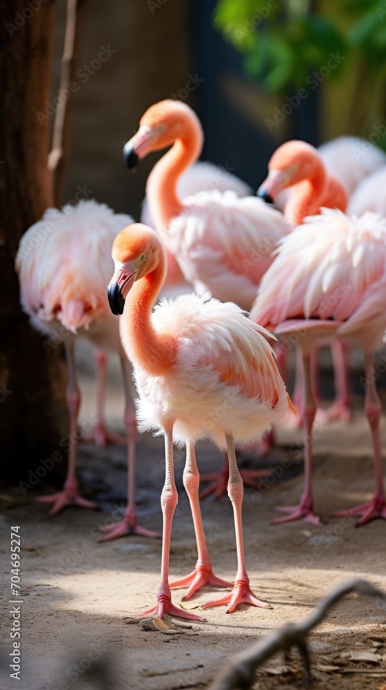A flock of pink flamingos in the foreground with blurred flamingos in the background A flock of pink flamingos in the foreground with blurred flamingos in the background