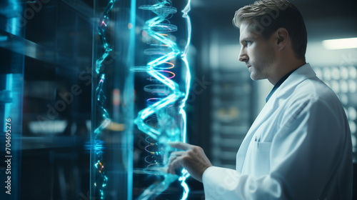Laboratory researcher meticulously studies radiant digital DNA for groundbreaking insights