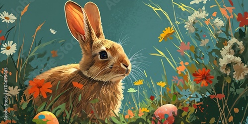 rabbit sitting field flowers holding easter eggs poster path based unbiased loosely cropped wildlife drawing photo