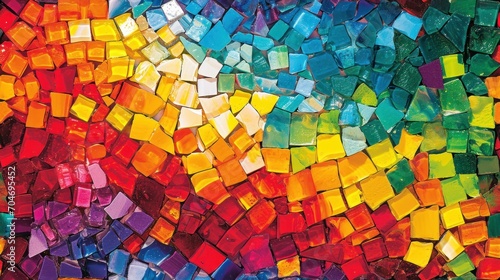  a close up of a multi - colored mosaic tile wall with lots of different colors of glass tiles on it.