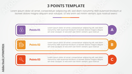 3 points stage template infographic concept for slide presentation with outline rectangle box and circle edge with 3 point list with flat style
