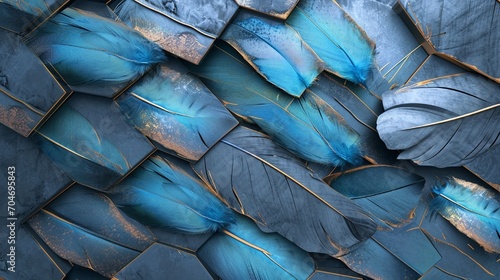 Blue and turquoise feather motif on 3D wallpaper, grey marble, wood hexagon tiles with white gold, black seams, Photography, textured surface, photo