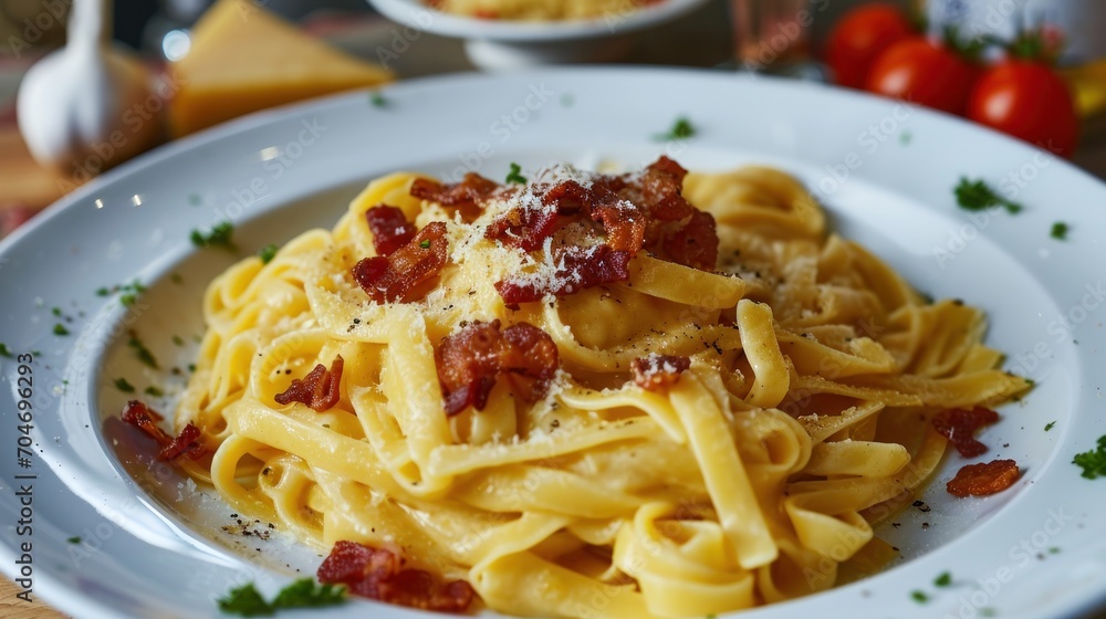 a plate of pasta with bacon and parmesan cheese on a table with tomatoes and parmesan cheese. a plate of pasta with bacon and parmesan cheese on a table with tomatoes and parmesan cheese.